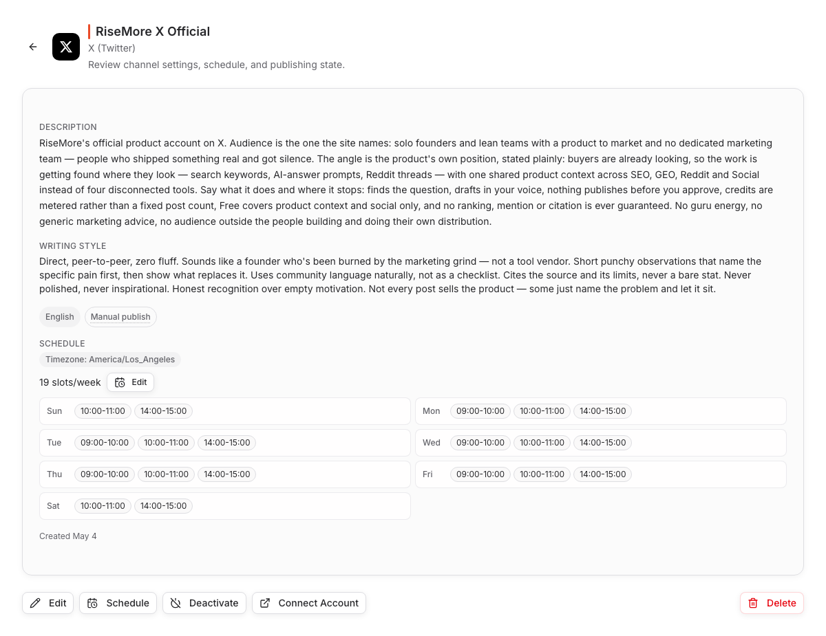 X channel showing saved description, writing style, English language, Manual publish status, and weekly posting slots