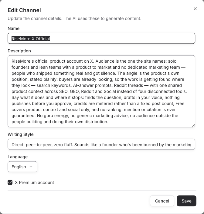 Edit Channel dialog with Description, Writing Style, Language, and Save controls