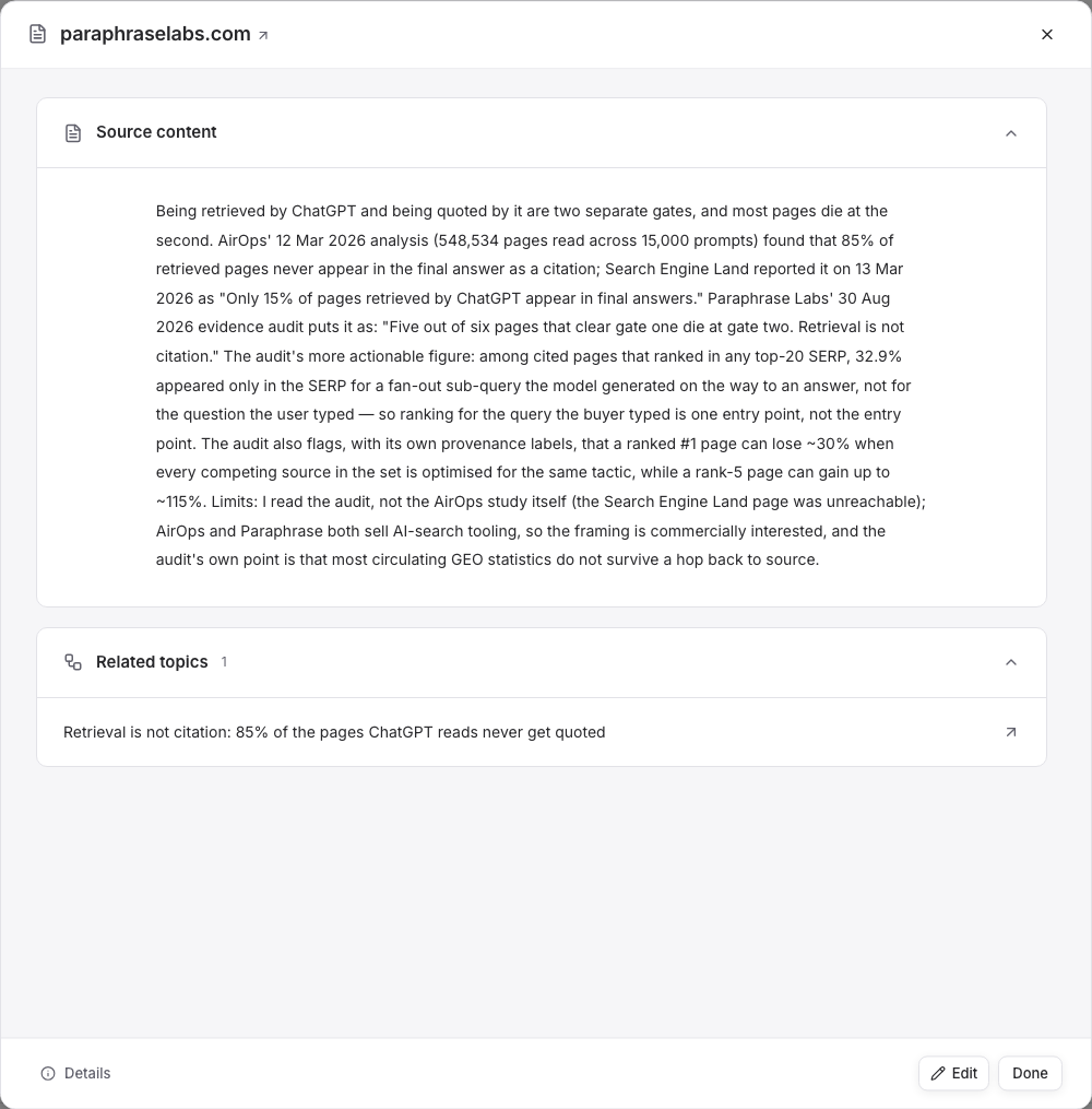 Saved source material with its research limitations and a Related topics link to the topic that uses it