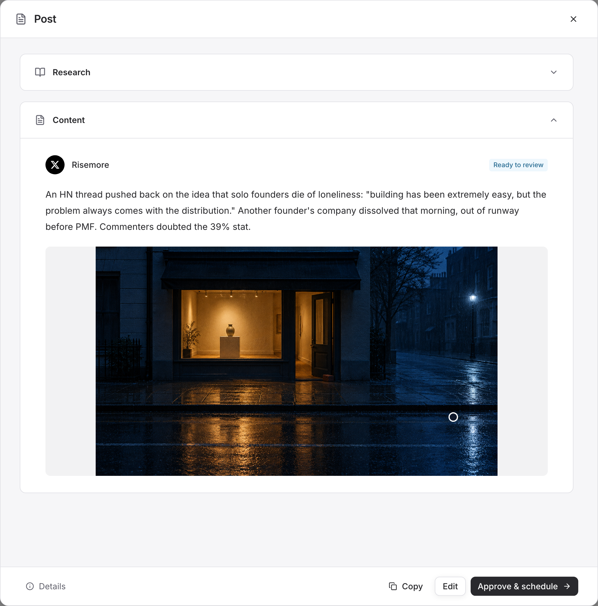 First X draft with its image, still ready to review