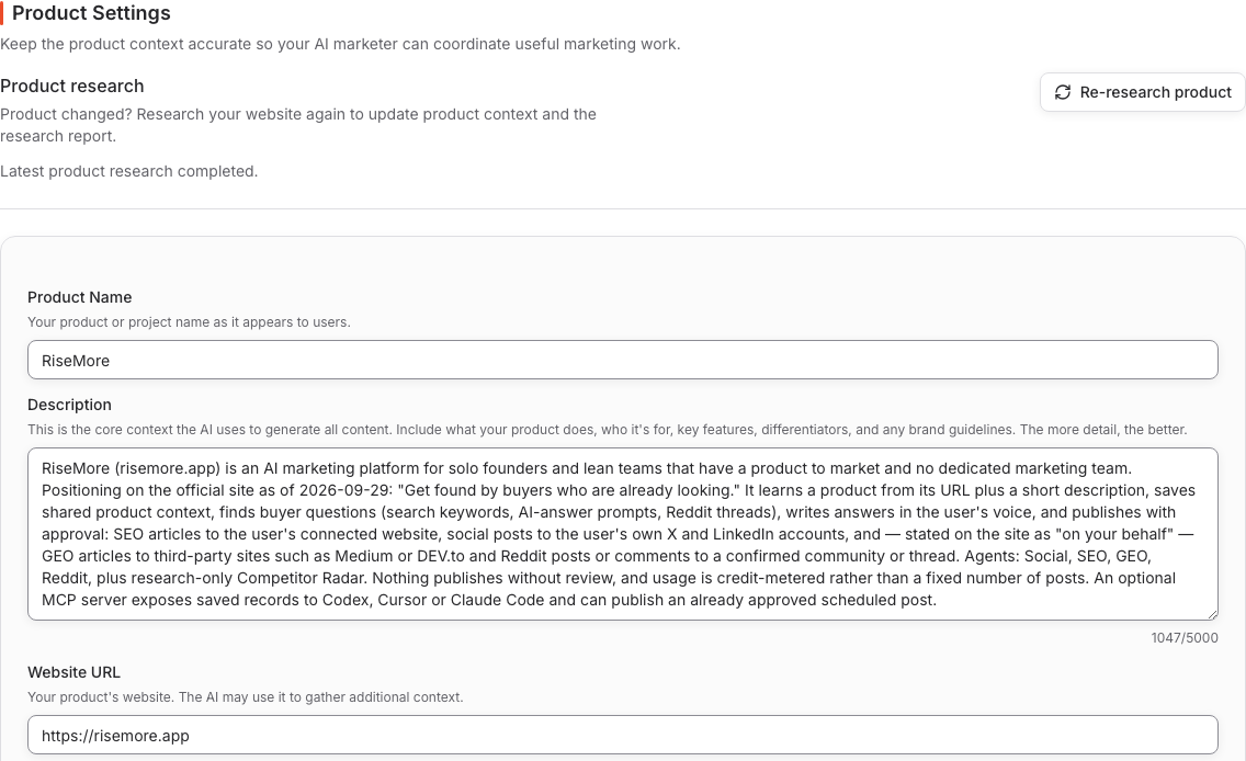 Product settings with research refresh, product name, description and website fields