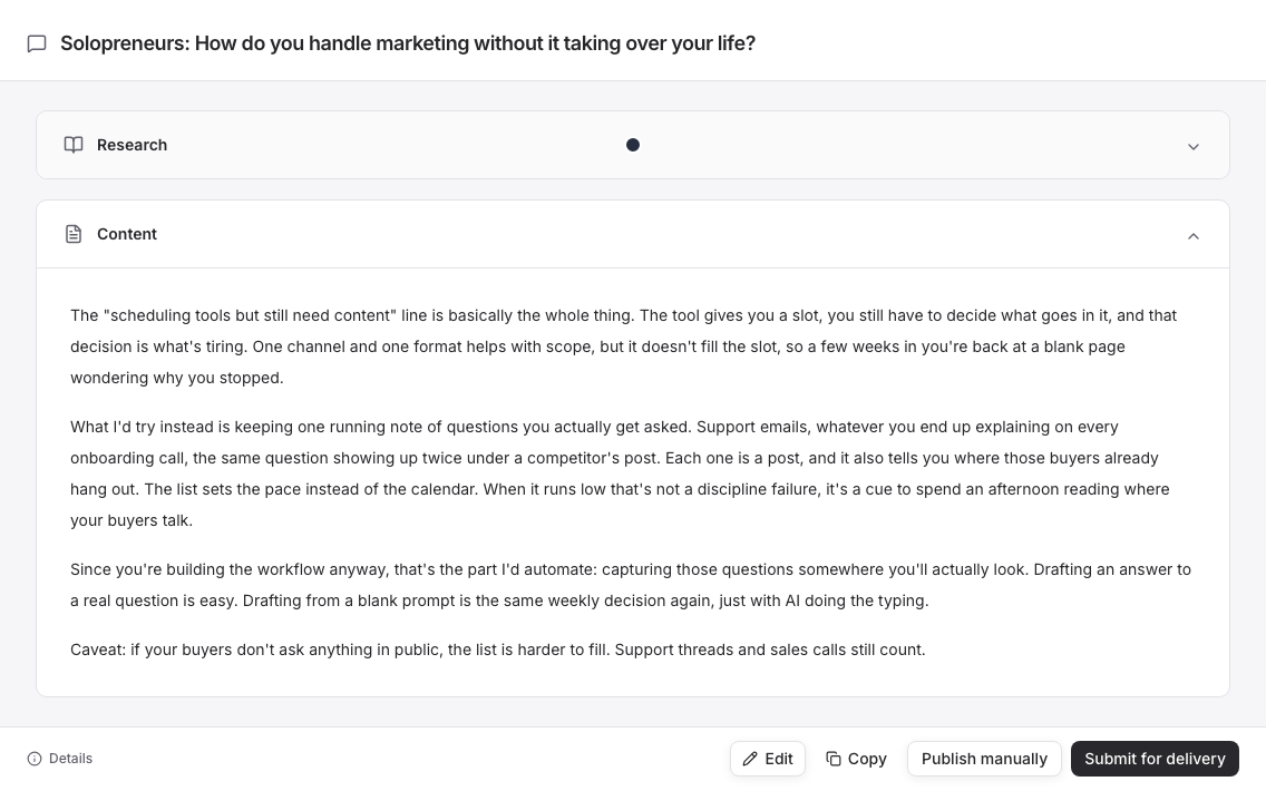 Reviewed Reddit comment with Edit, Publish manually and Submit for delivery controls