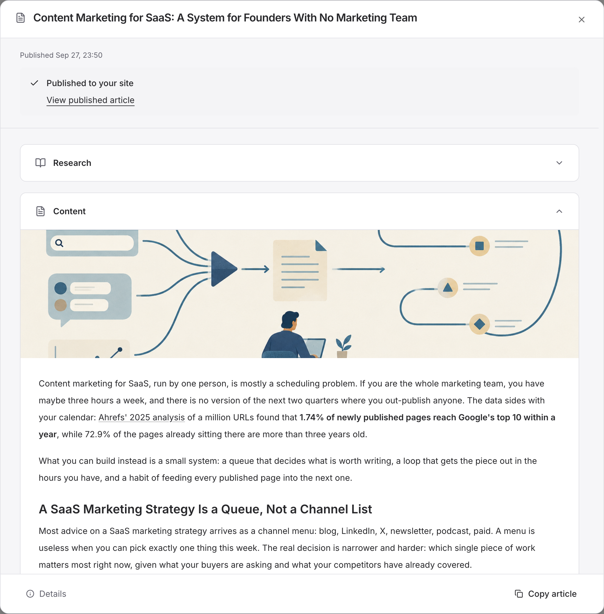 SEO article record showing Published to your site and the public article link