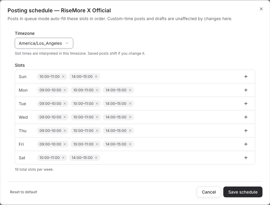 Social posting schedule editor with timezone and weekly slots