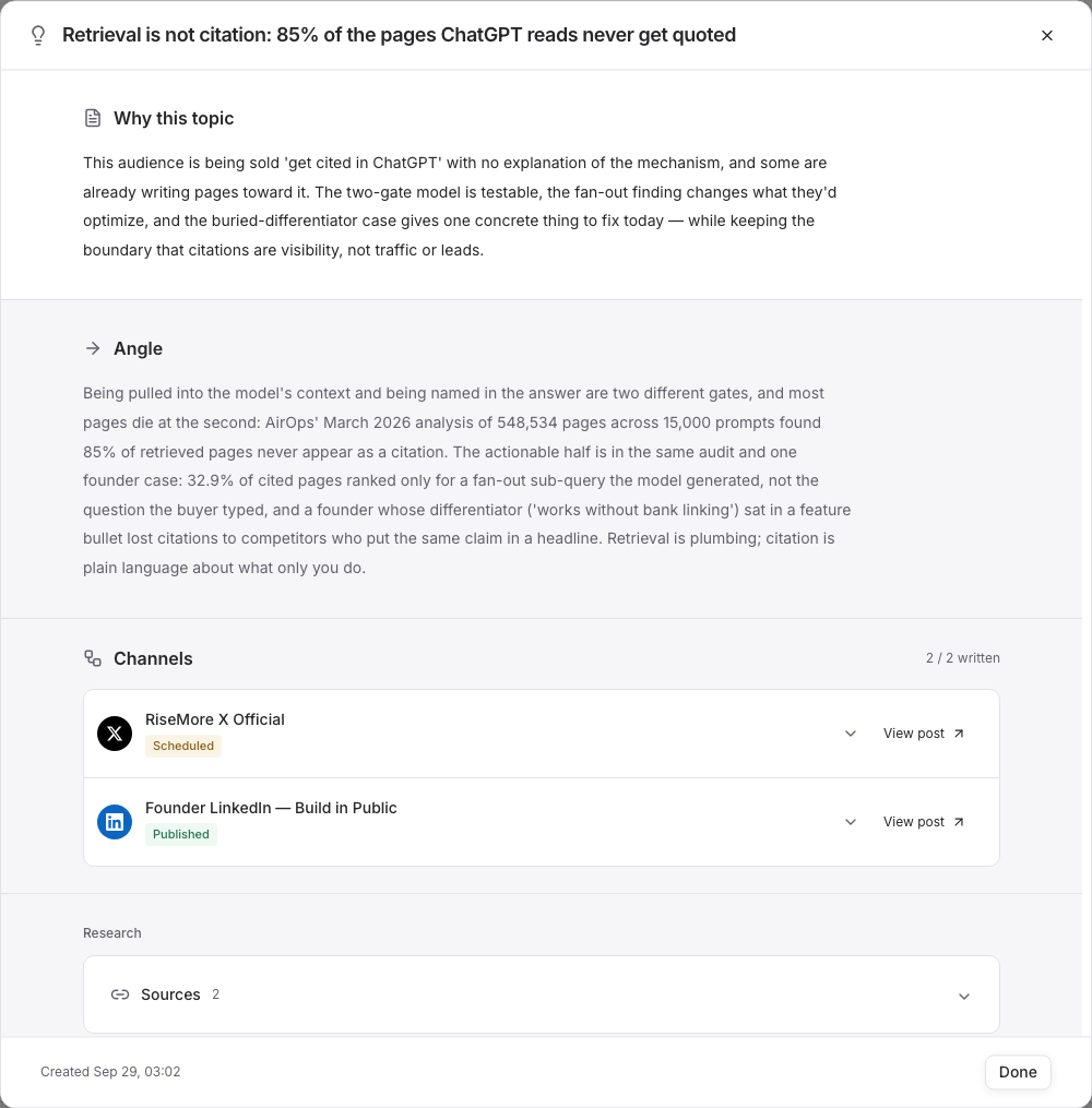 A saved Social topic with its reason, angle, source section, and View post actions for X and LinkedIn