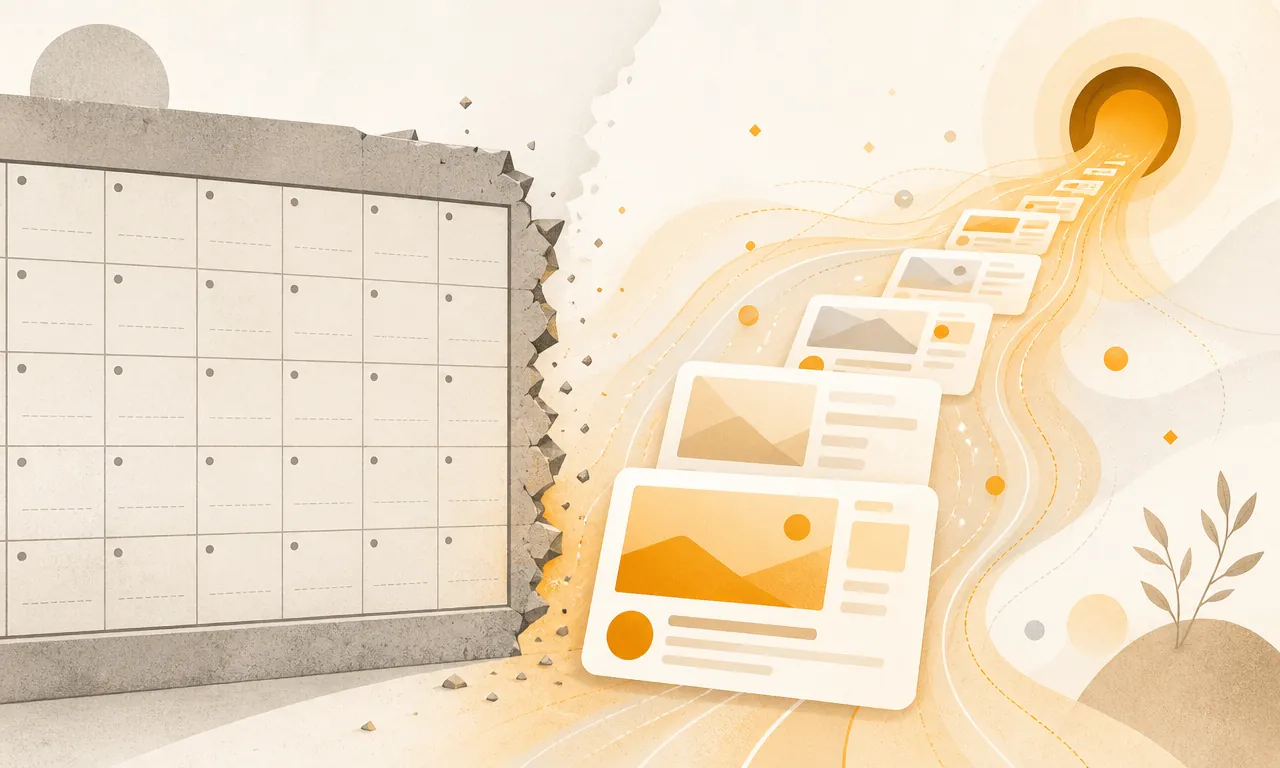 Warm amber illustration contrasting a social scheduling calendar with a product-context-driven approval workflow.