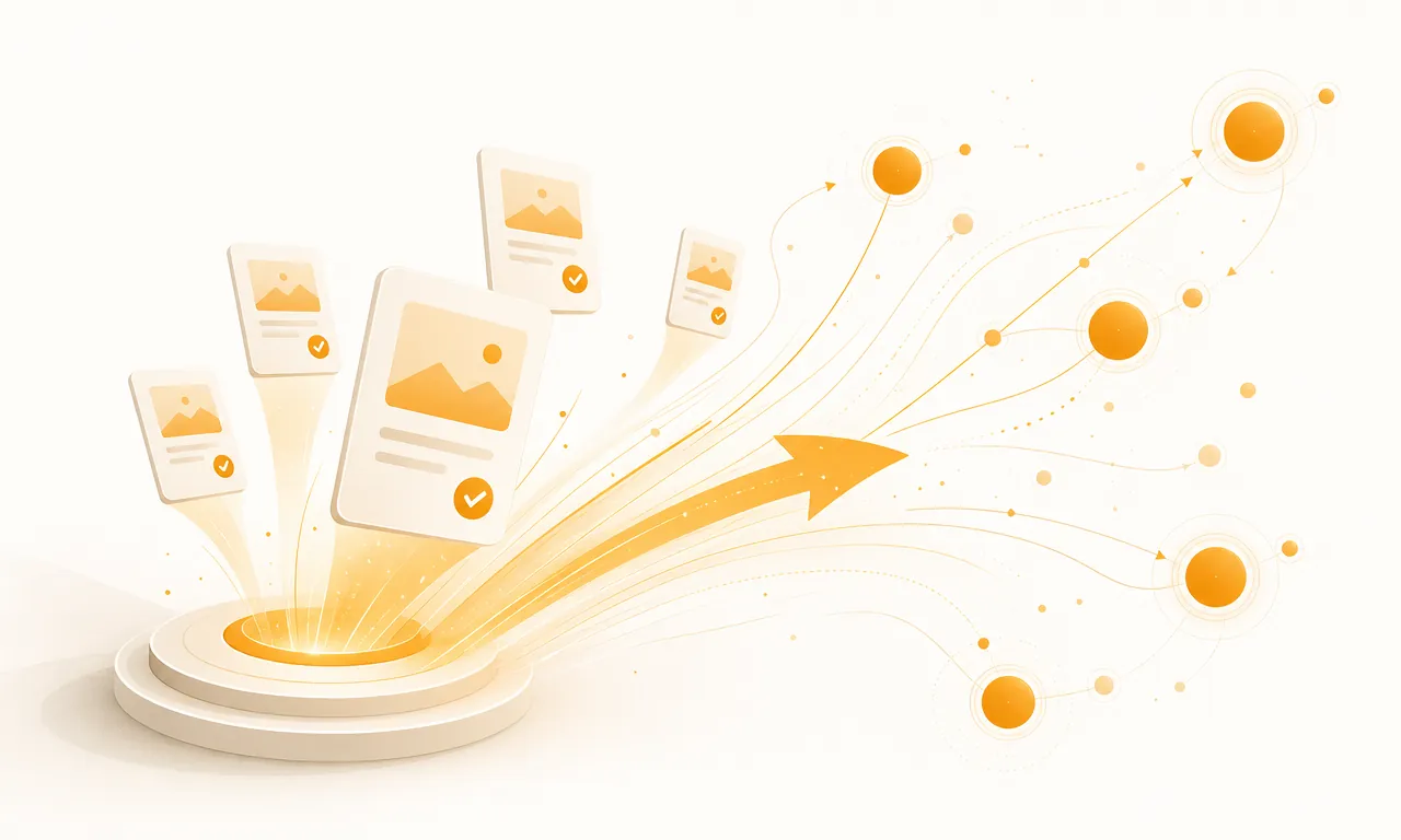 Illustration of approved social posts moving into connected publishing channels