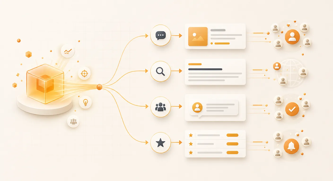 Micro SaaS marketing workflow turning product signals into posts, SEO pages, community answers, and approval items