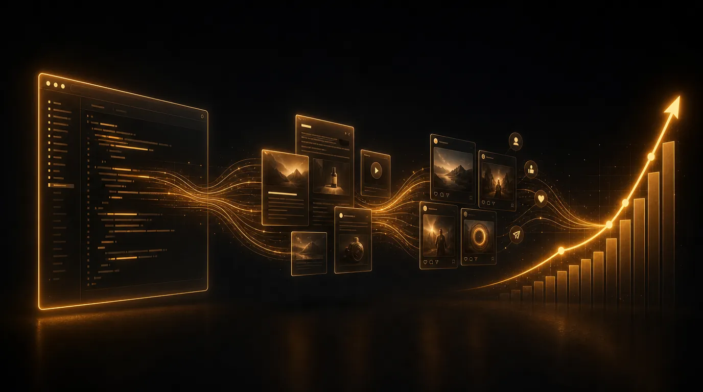 A product workspace connected by flowing lines to marketing content cards and a rising growth chart, illustrating the shift from building something to growing it with an AI marketing team.