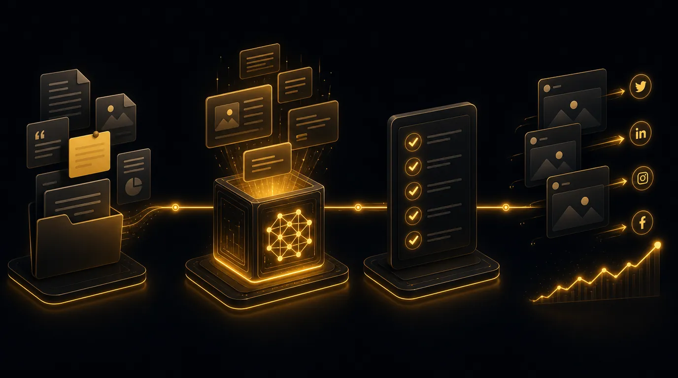 Dark AI marketing agent workflow illustration showing context becoming approved content and published growth work.