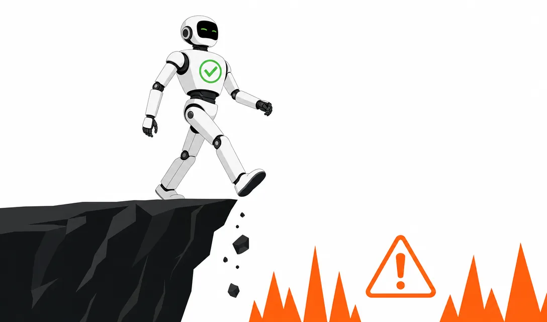 Generated illustration of a robot with a green check walking toward a broken path above orange warning signs.