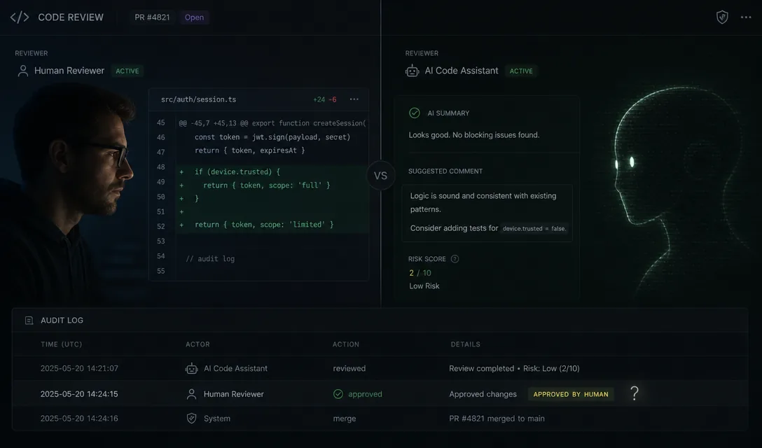 Generated dark code-review scene contrasting a human developer with a robot appearing under the same account identity.