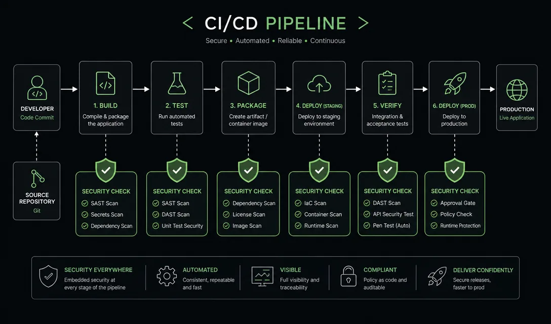 Generated workflow diagram placing agent safety checks throughout a CI/CD development pipeline.