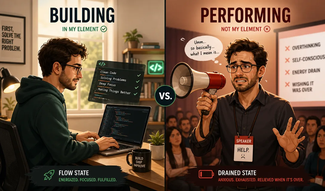 Generated split scene contrasting a founder working comfortably at a laptop with the pressure of performing for an audience.