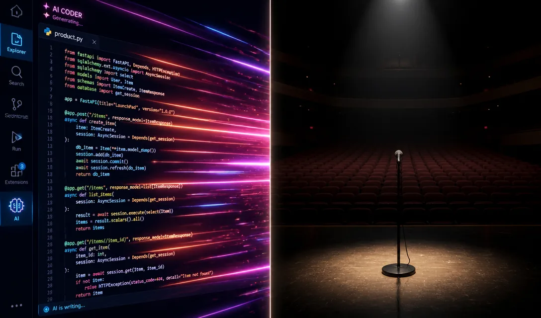 Generated split image contrasting fast-moving code with a microphone facing an empty auditorium.