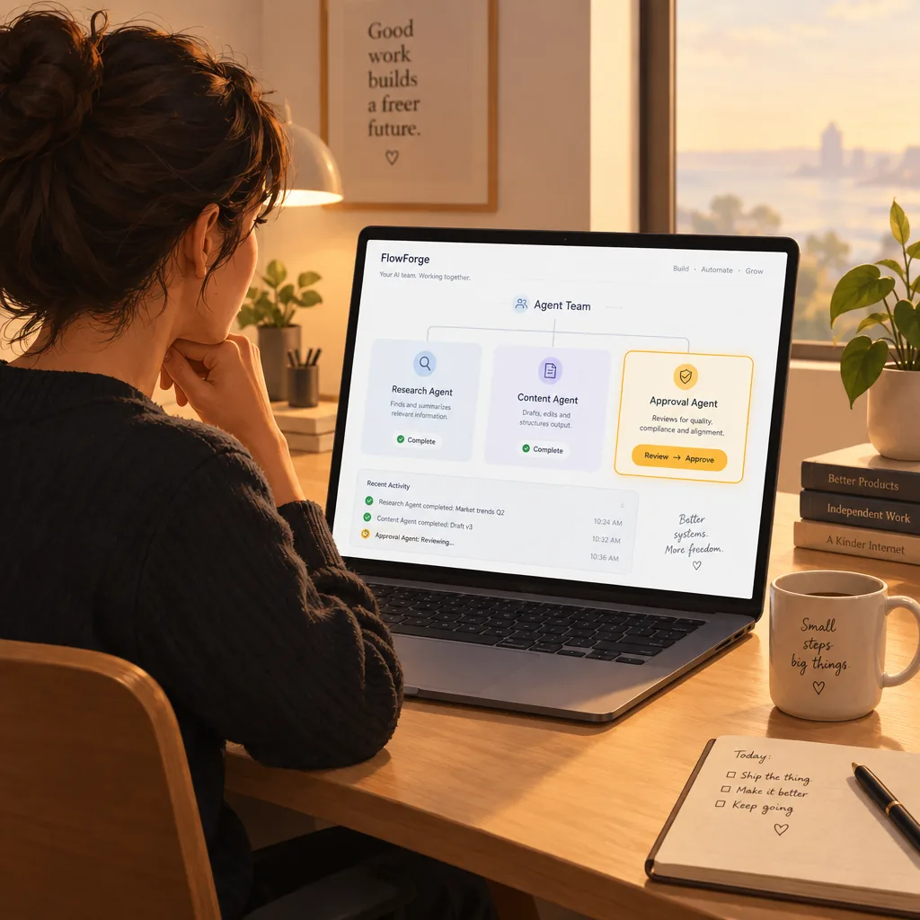 A founder reviewing three defined agent responsibilities on a laptop.