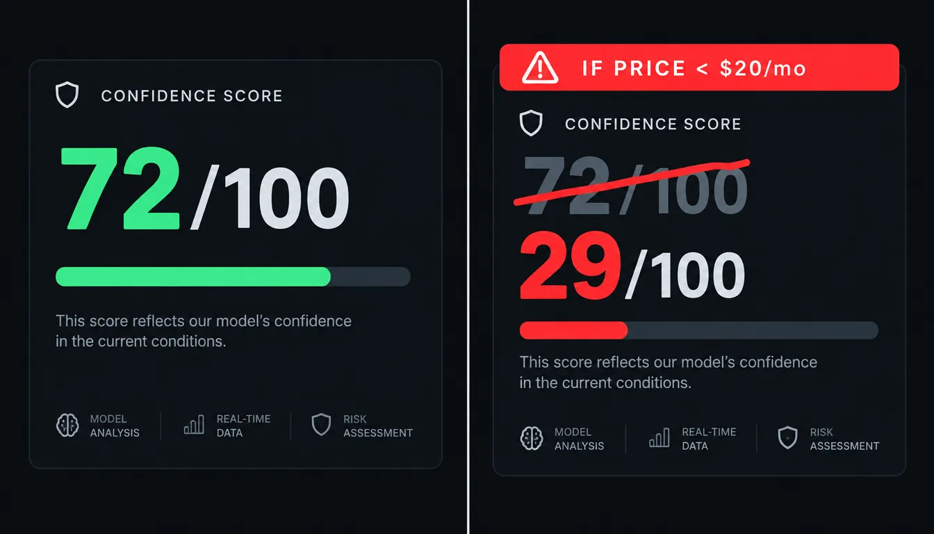 Generated conceptual scorecards showing a hypothetical confidence score changing when a pricing assumption fails.