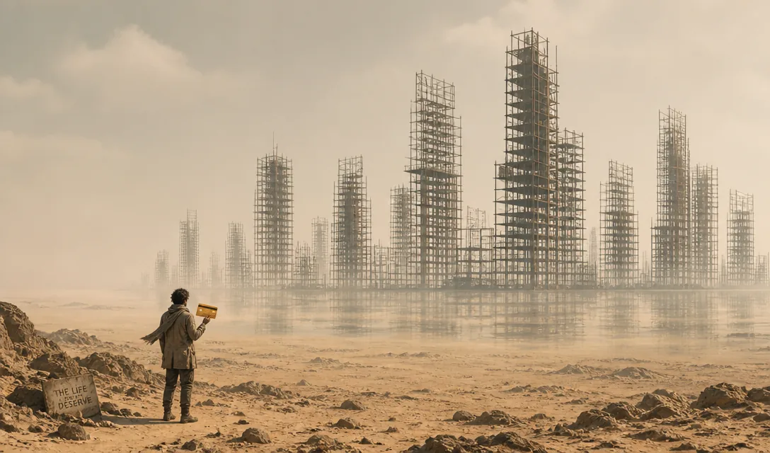 Generated illustration of a founder looking toward scaffolding that dissolves into a desert mirage.