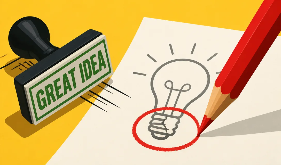 Generated editorial illustration contrasting a “Great Idea” stamp with a pencil questioning a lightbulb sketch.