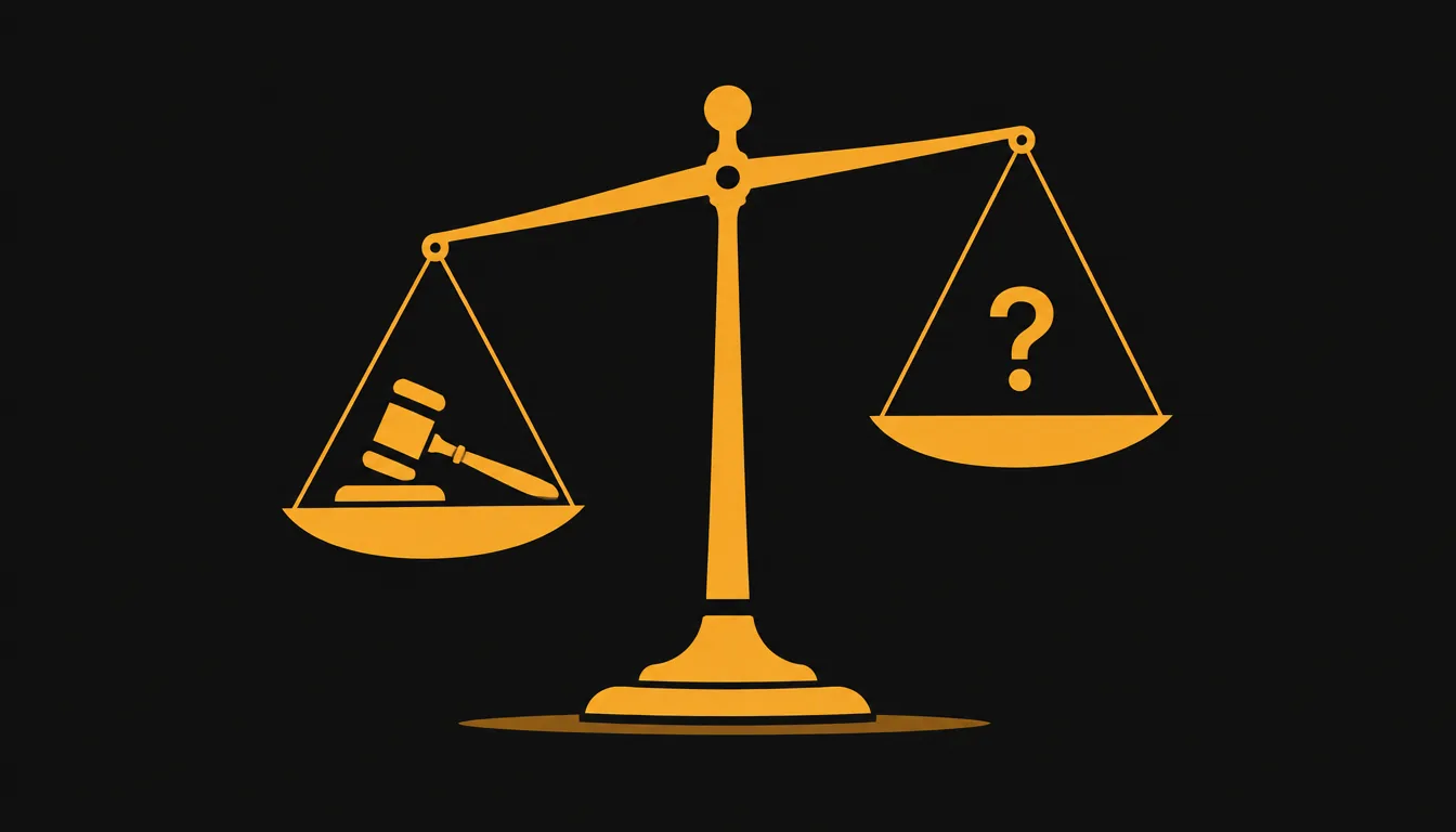 Generated gold balance scale weighing a judge’s gavel against a question mark on a black background.