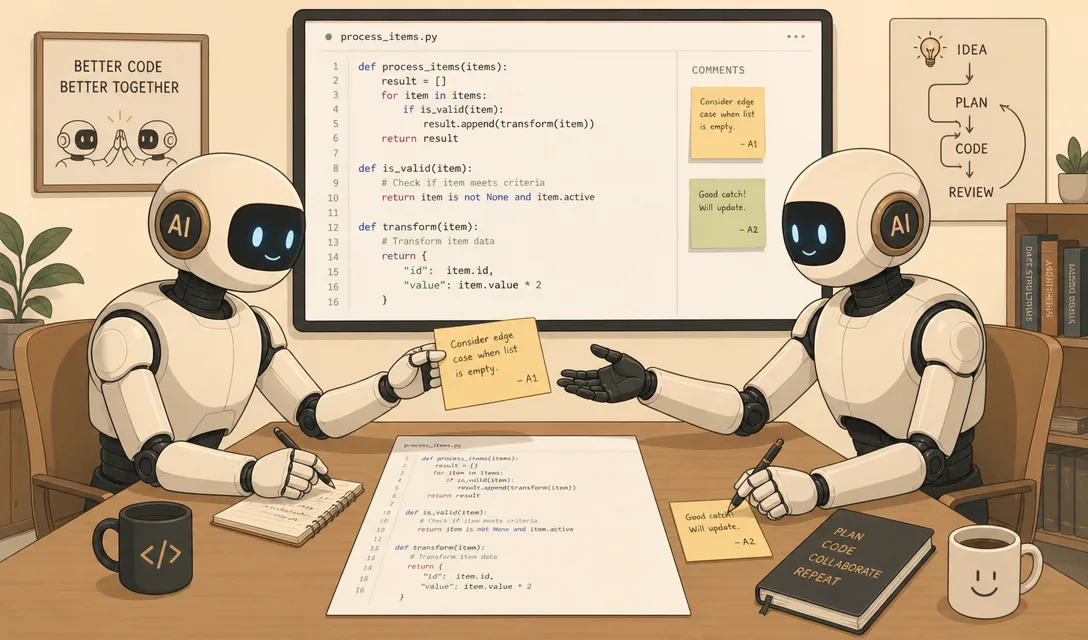 Generated warm illustration of two robots reviewing code and exchanging notes across a desk.