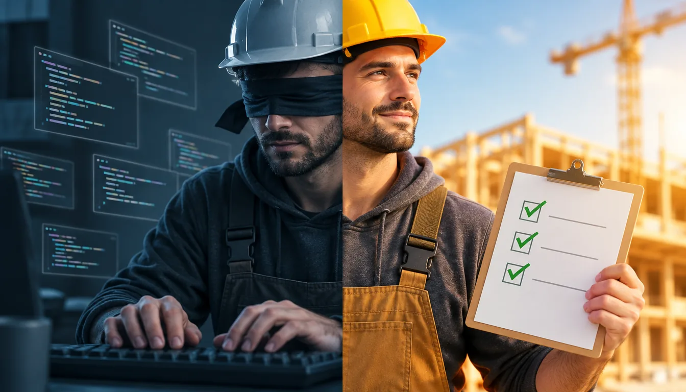 Generated split portrait contrasting a founder building in the dark with a builder carrying a checked plan in daylight.