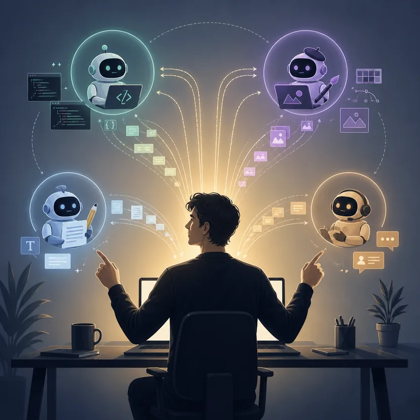 A founder directing several AI agents from a single desk.