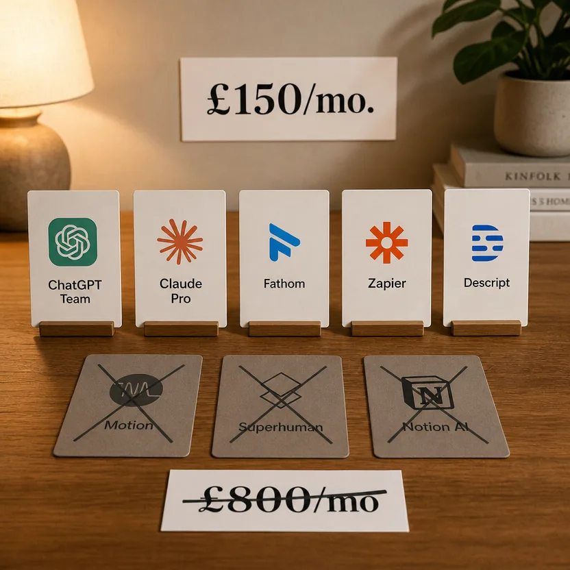 Five productivity tools displayed above discarded subscriptions and their costs.