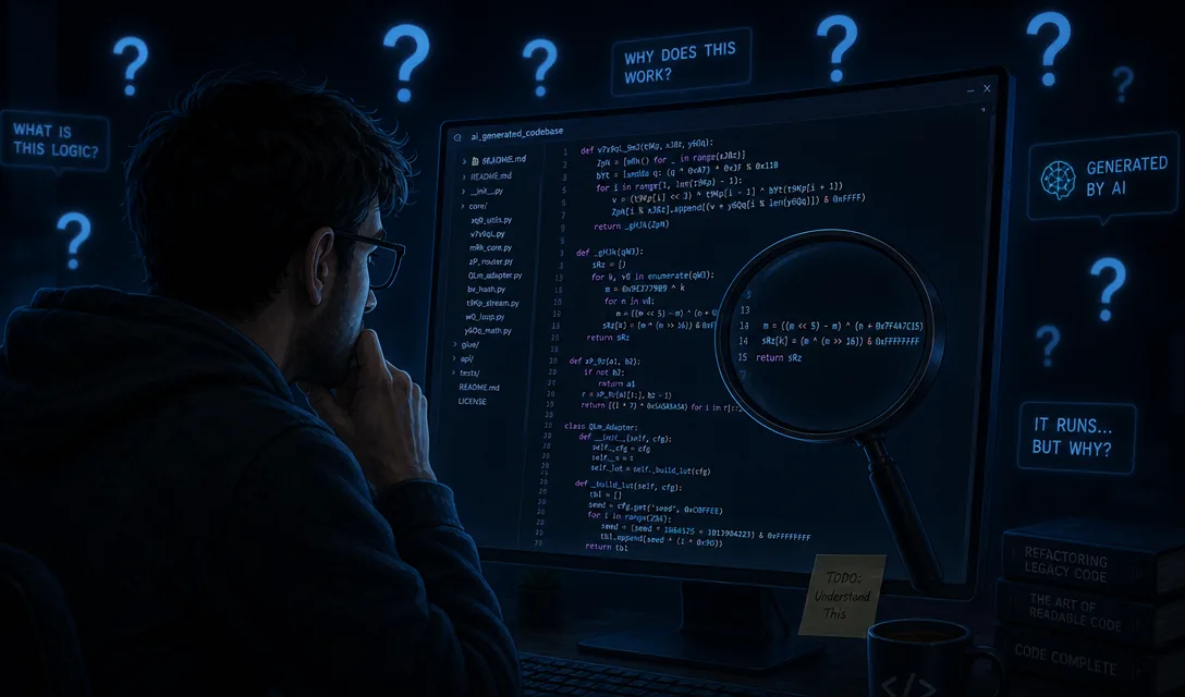 Generated scene of a developer reviewing code surrounded by questions about how it works and where it came from.